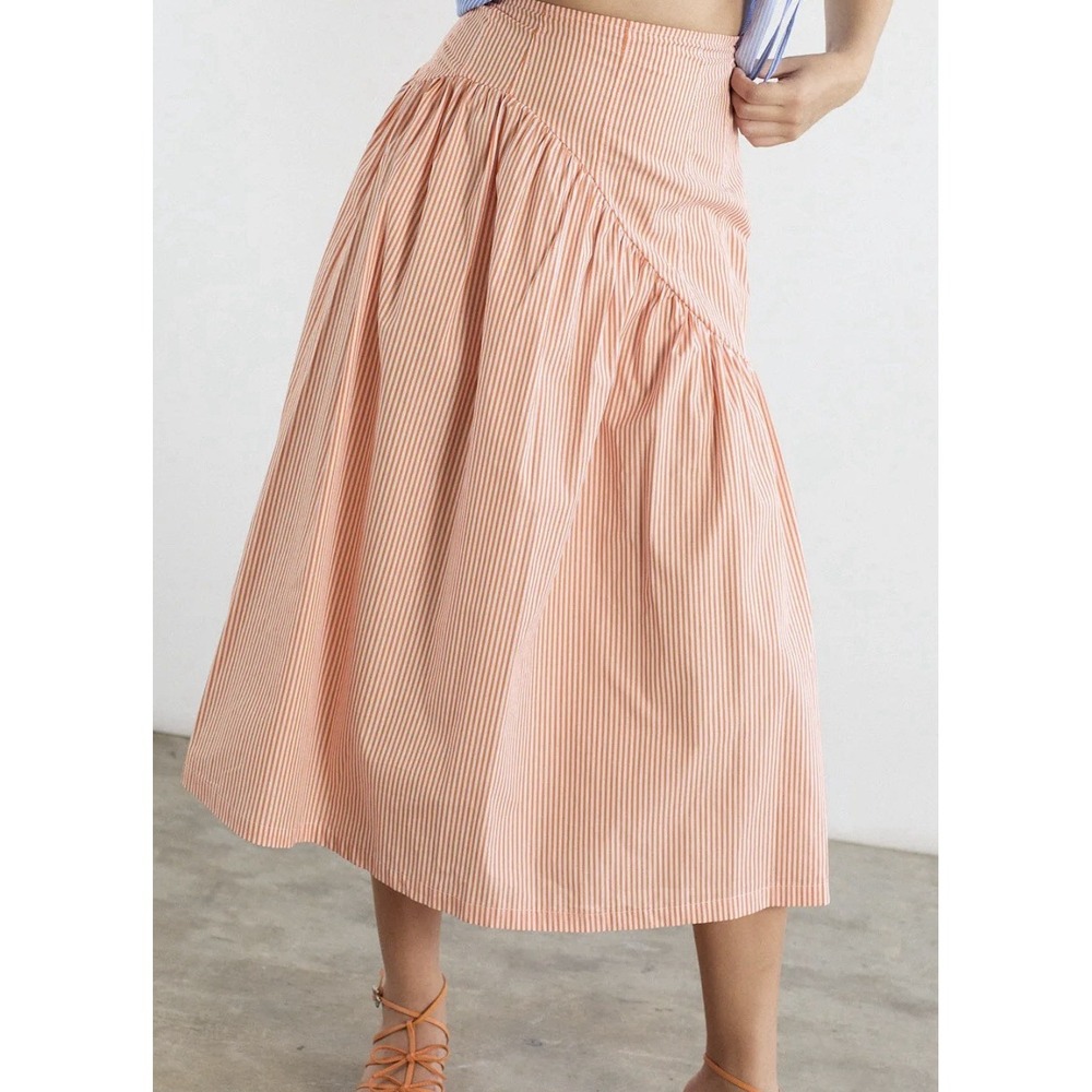 Lisa Says Gah Maeve Midi Skirt Women's Size M Orange Saddle Stripe Side Zip NWT